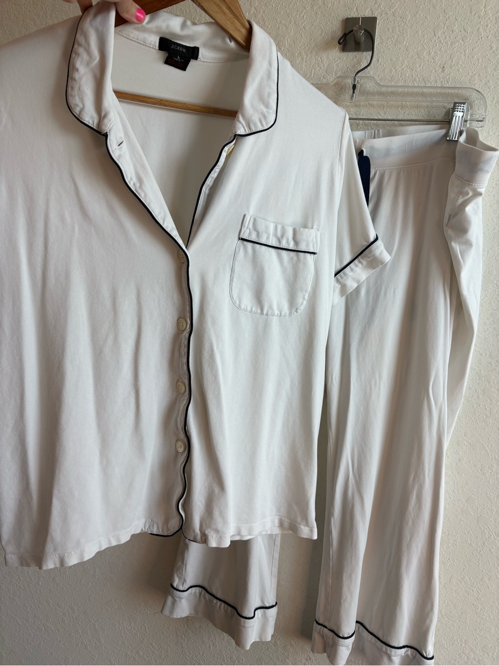 J Crew White Pajama Set Short Sleeve Button Down Cropped Pants Size Large
